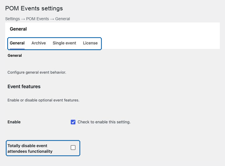 The POM Events settings screen