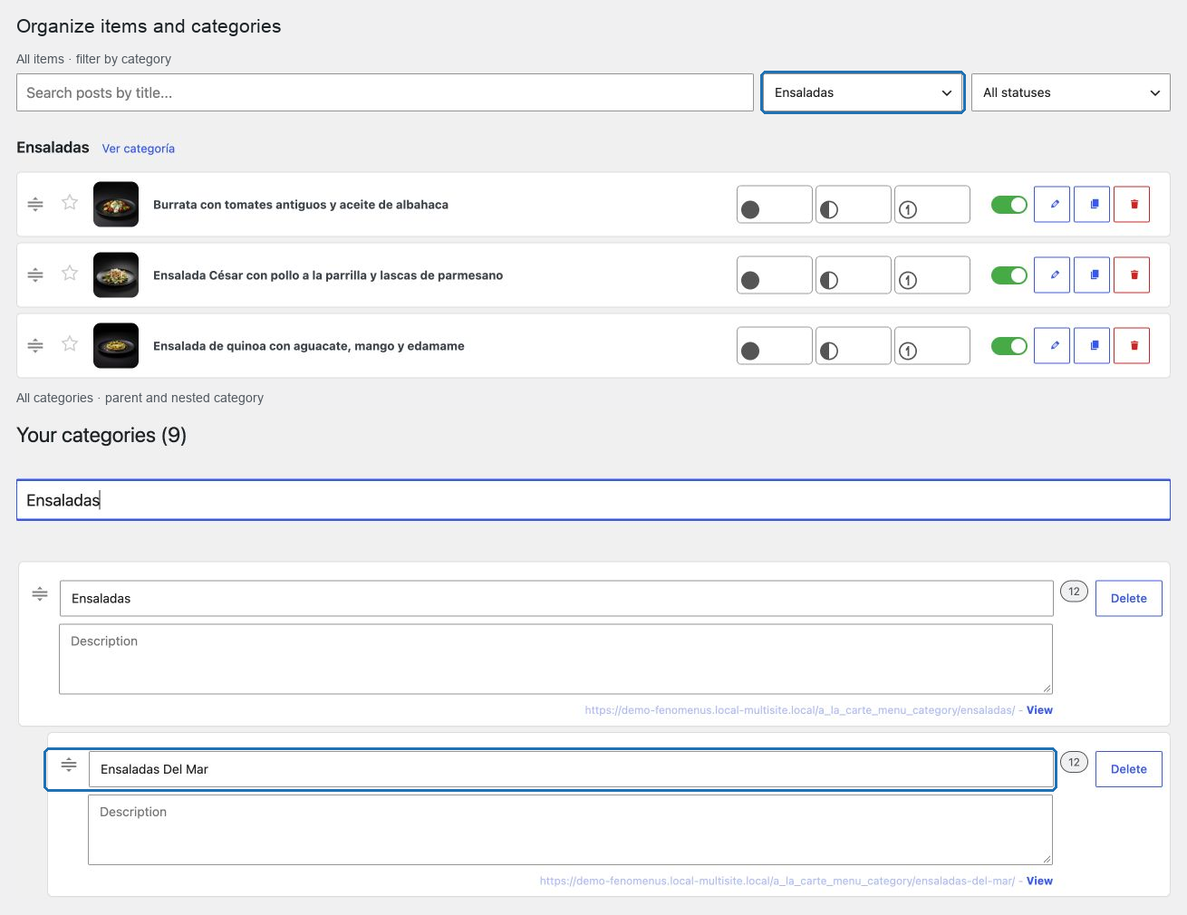 Managing menu items and categories in Fenómenus