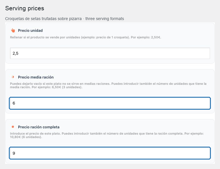 Editar los precios de los menús en Fenómenus