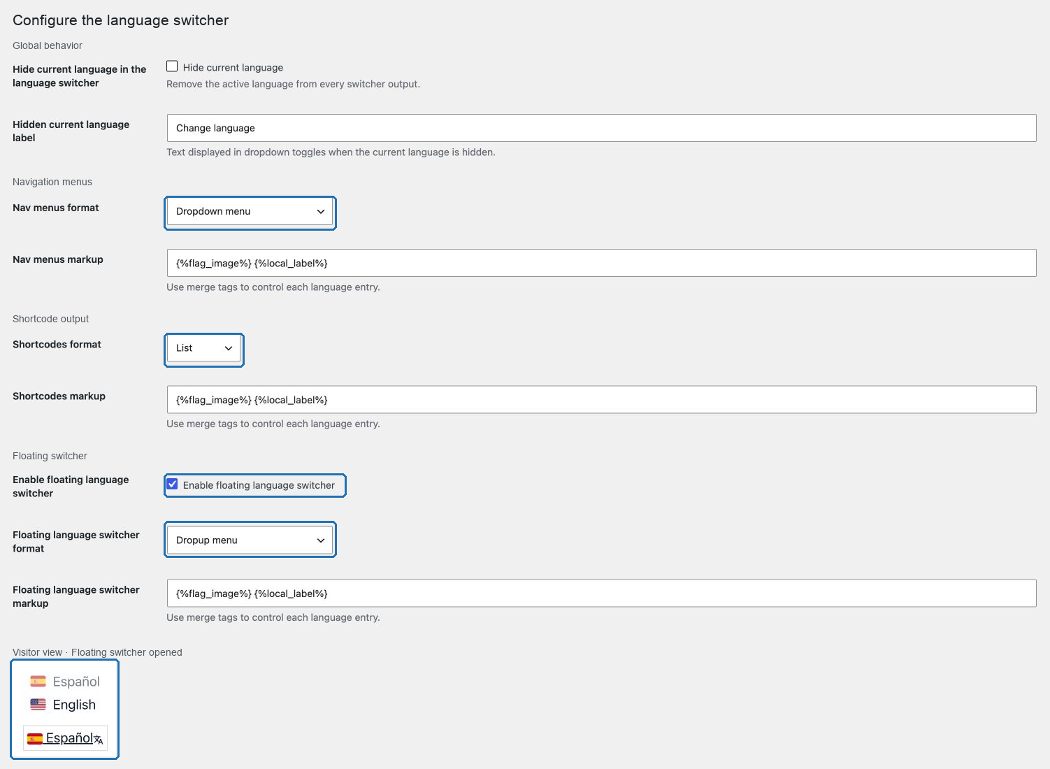 Ajustes del selector de idioma de POM Translate