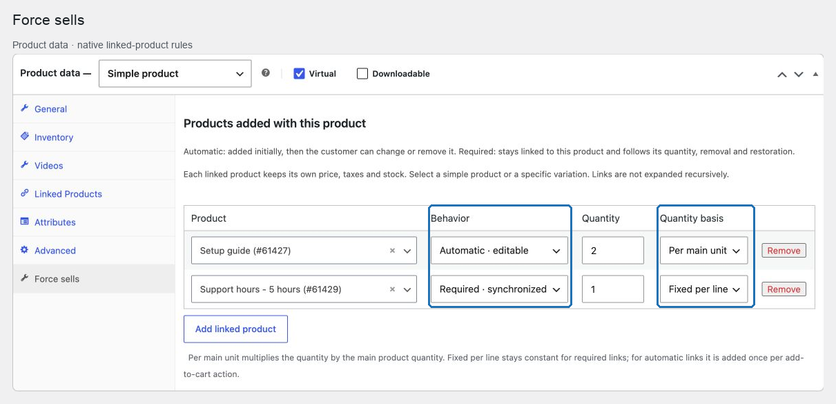 Editor de productos de Force sells que muestra productos vinculados, comportamiento y ajustes de cantidad