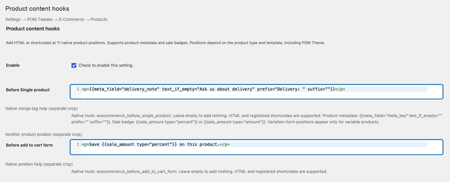 Product content hooks con la casilla de activación, los editores de HTML y la ayuda de etiquetas de combinación