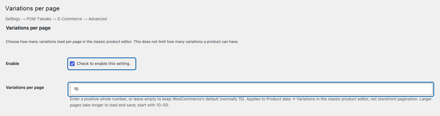 Variations per page control in E-Commerce Advanced