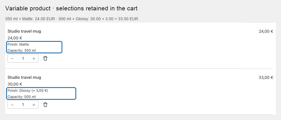 Dos líneas de carrito de variaciones con sus selecciones de Product Add-Ons