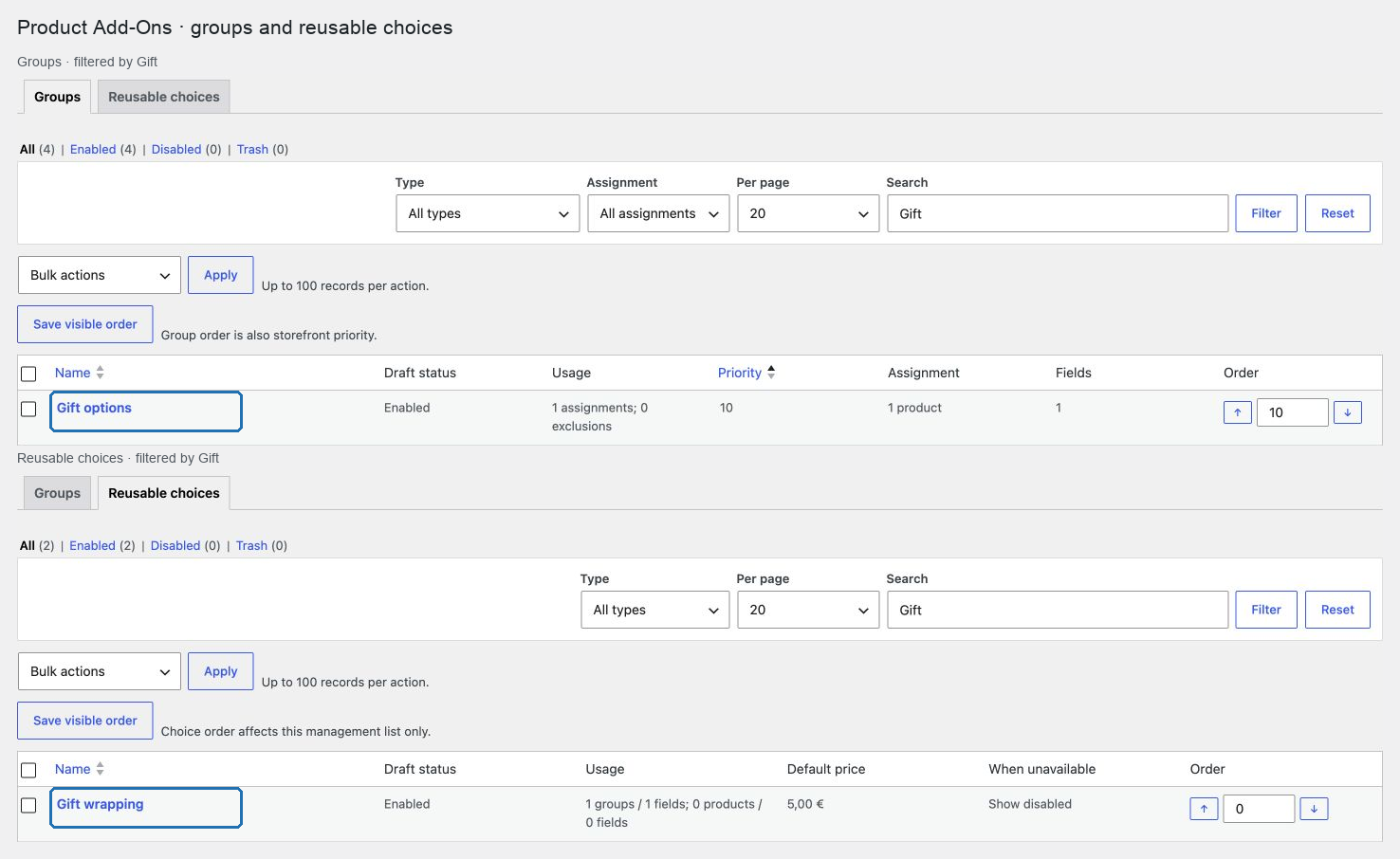 Grupos y opciones reutilizables de Product Add-Ons