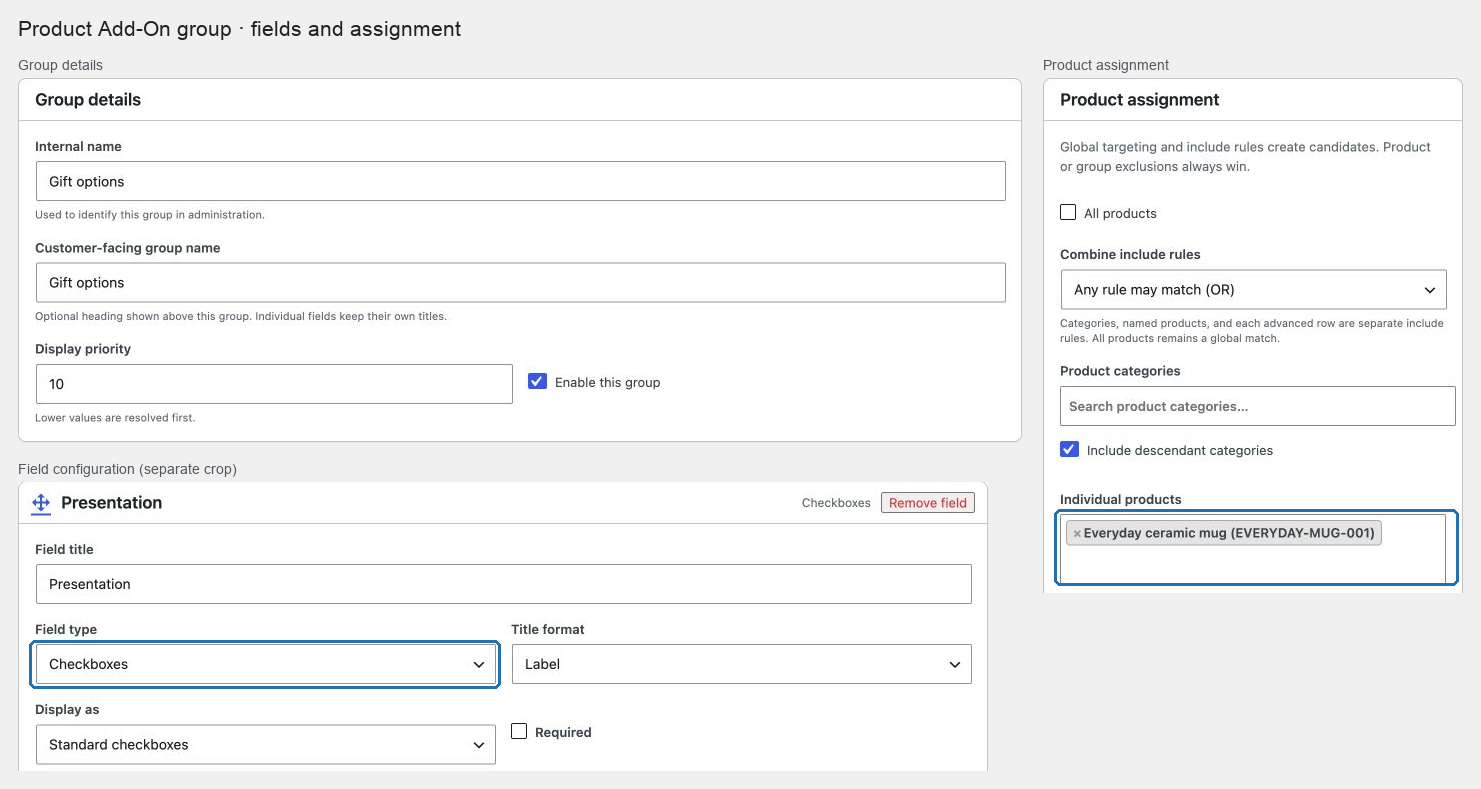 Campos del grupo de Product Add-On y controles de asignación