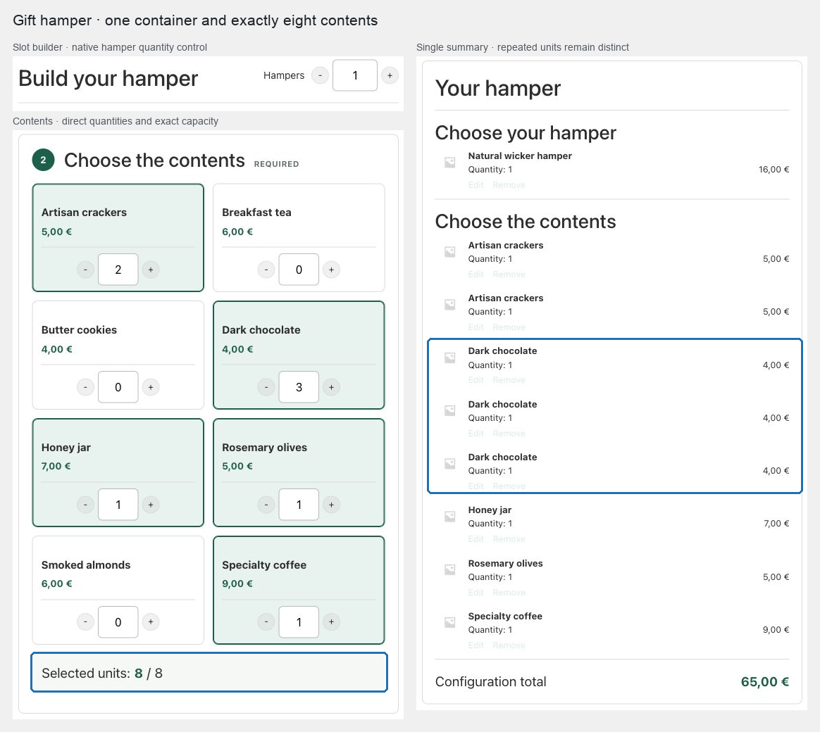 Una cesta de regalo de Slot builder con capítulos de contenedor y contenido