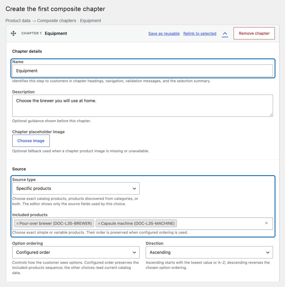 Un primer capítulo en el panel de datos de producto Composite chapters
