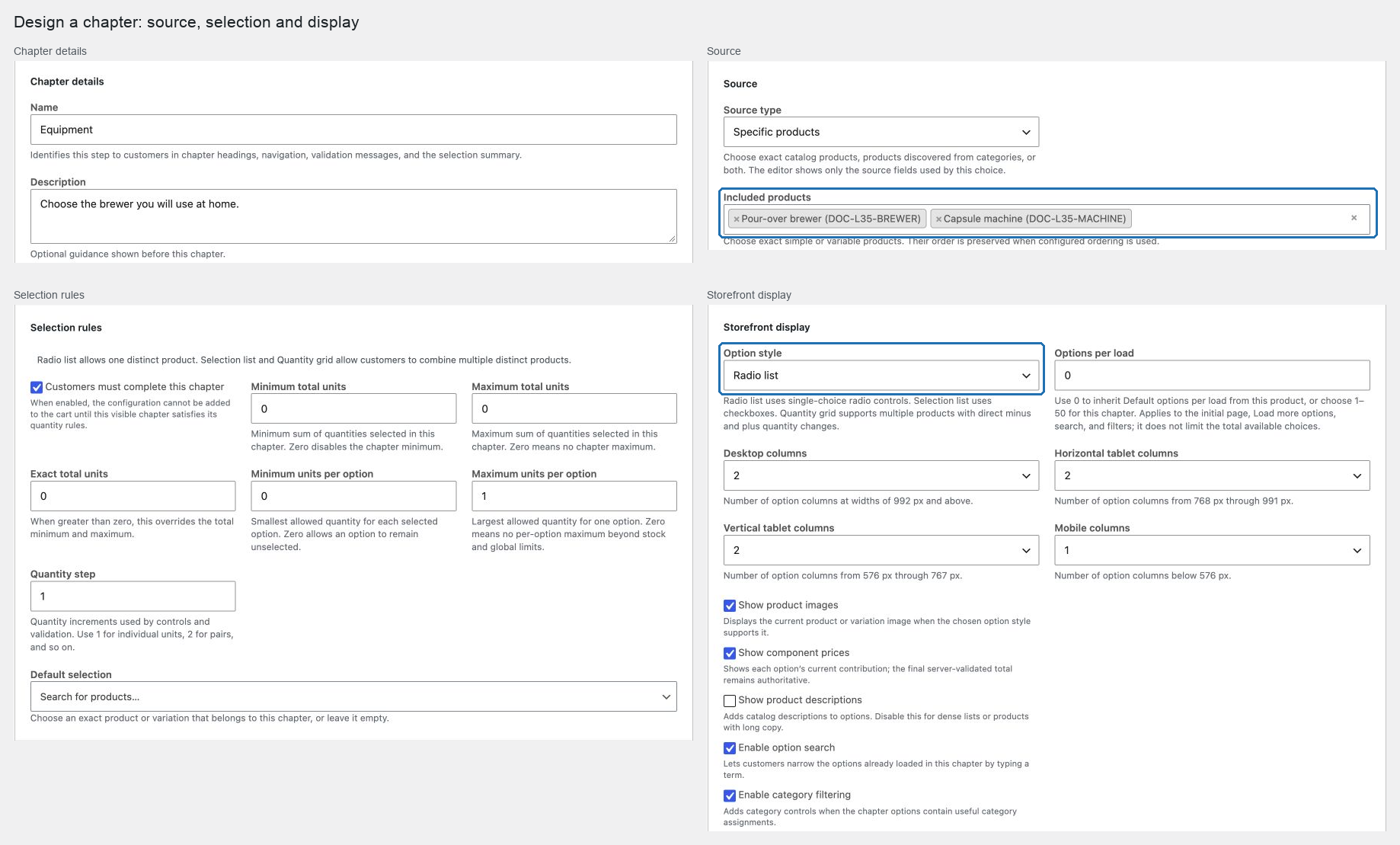 Detalles del capítulo, fuente, reglas de selección y controles de visualización en la tienda
