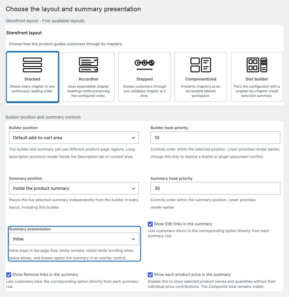 Las cinco tarjetas de diseño de Storefront layout y los controles de resumen