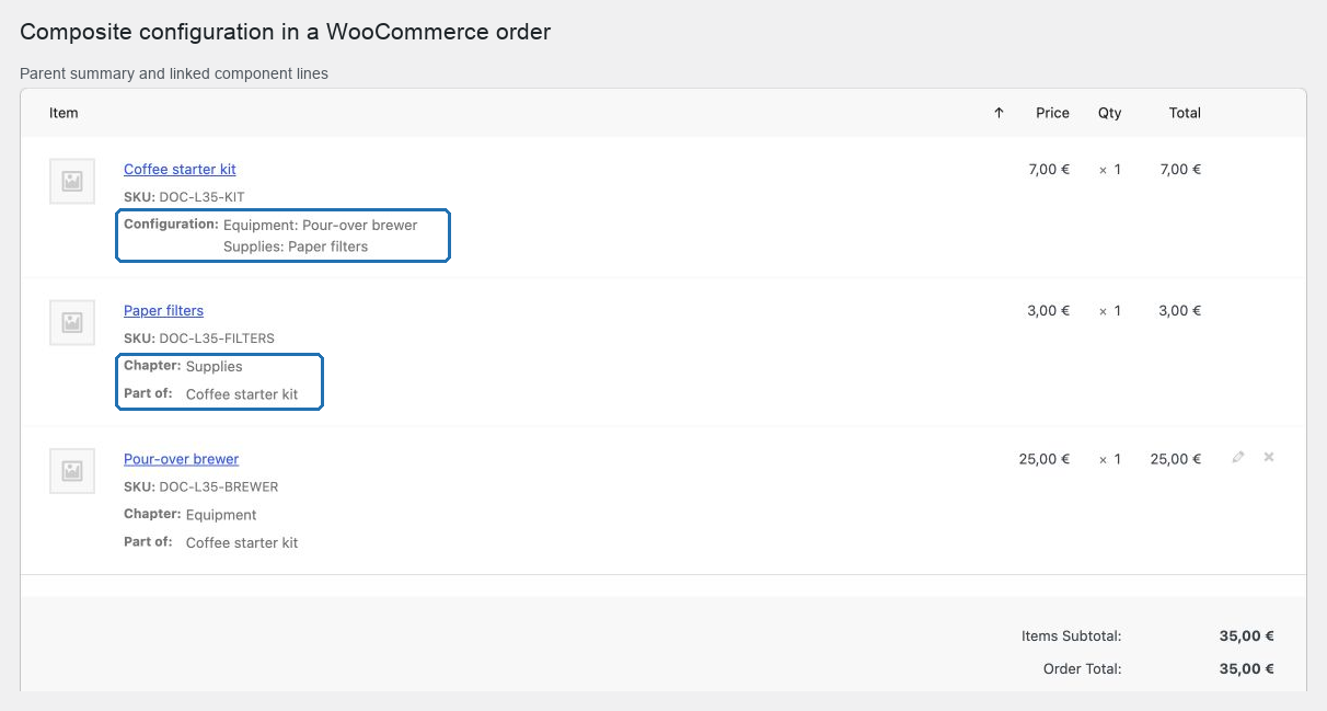 Un grupo de configuración de Composite en el editor de pedidos de WooCommerce