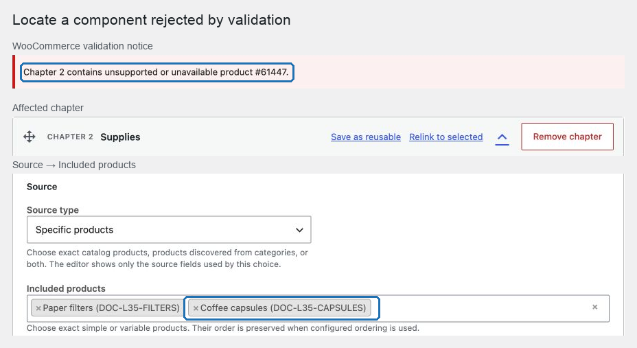 Un aviso de validación de la configuración de Composite con su ruta de campo